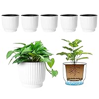 T4U 6 Inch Self Watering Pots for Indoor Plants, 6 Pack White Plastic Flower Pots for All House Plants, Flowers, African Violets