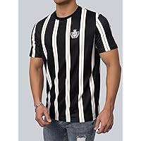 Men's T-Shirts Men Random Vertical Striped & Badge Print Tee T-Shirts for Men (Color : Black and White, Size : Large)