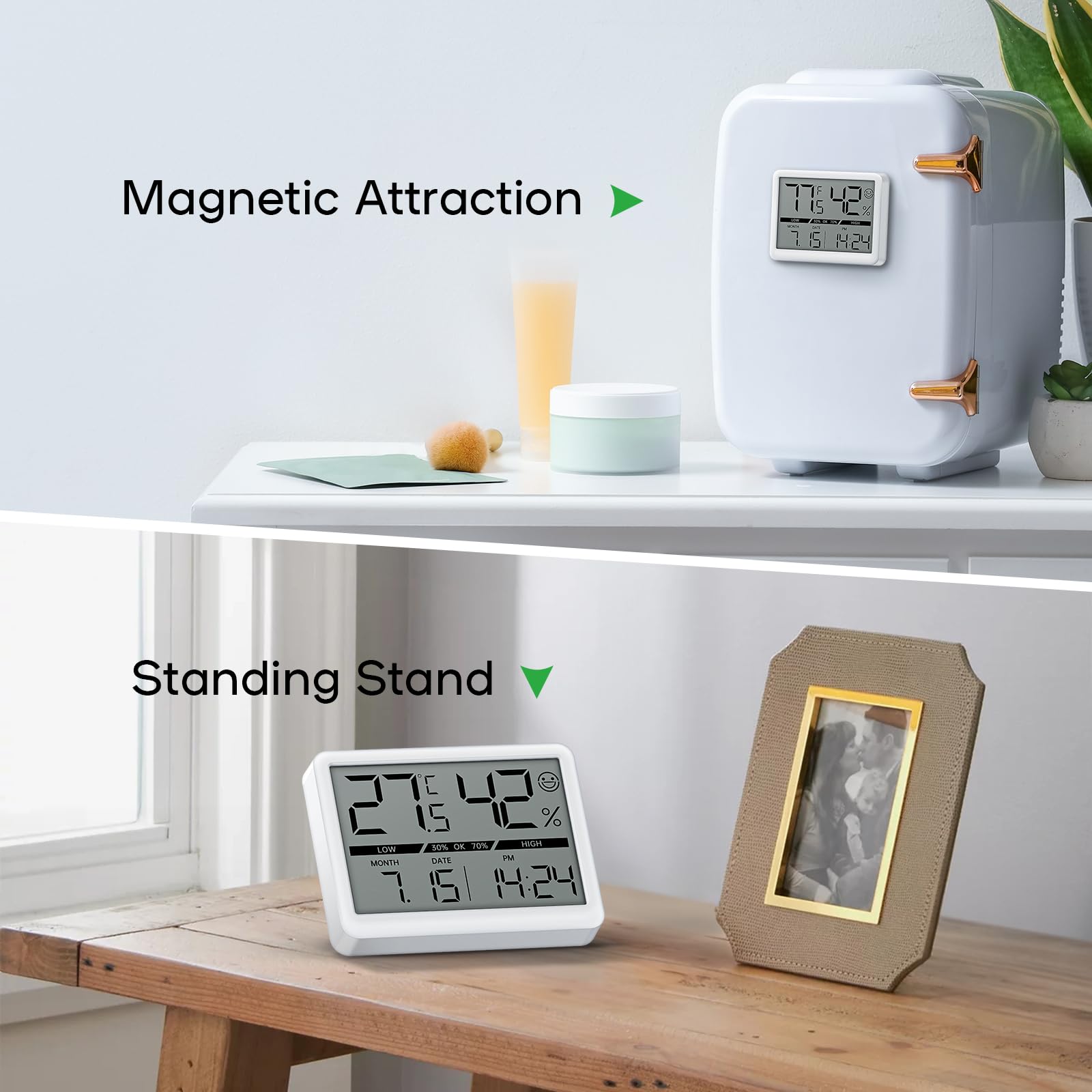 New Upgrade Deeyaple Small Digital Clock Battery Powered Atomic Clock Humidity Meter Magnetic Thermometer High Accuracy Temp(℉/℃) Date 12/24H Display LCD Large Number Indoor Outdoor Travel White