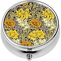 Mini Portable Pill Case Box for Purse Vitamin Medicine Metal Small Cute Travel Pill Organizer Container Holder Pocket Pharmacy Floral Big Golden Flowers and Foliage Dark