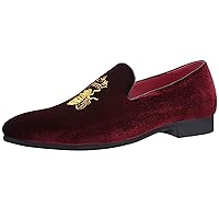 Men's Velvet Loafers Casual Slip on Dress Shoes with Gold Embroidery Smoking Slippers Flats
