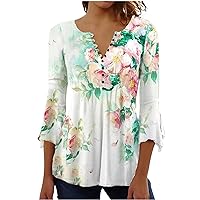 Womens Tops Hide Belly Fat Shirts 3/4 Sleeve Summer Pleated Button V Neck T-Shirt Causal High Waist Floral Tunic Top