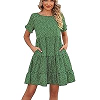 Women's 2023 Casual Summer Crew Dress Square Neck Short Sleeve Tiered Ruffle Boho Swing Women Dresses with Pockets