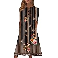 Summer Dresses for Women 2024 Vintage Print Casual Fashion Loose Fit with Short Sleeve Button V Neck Dress