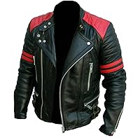 Mens Café Racer Brando Red Stripes Vintage Retro Quilted Motorcycle Biker Black Lambskin Leather Jacket