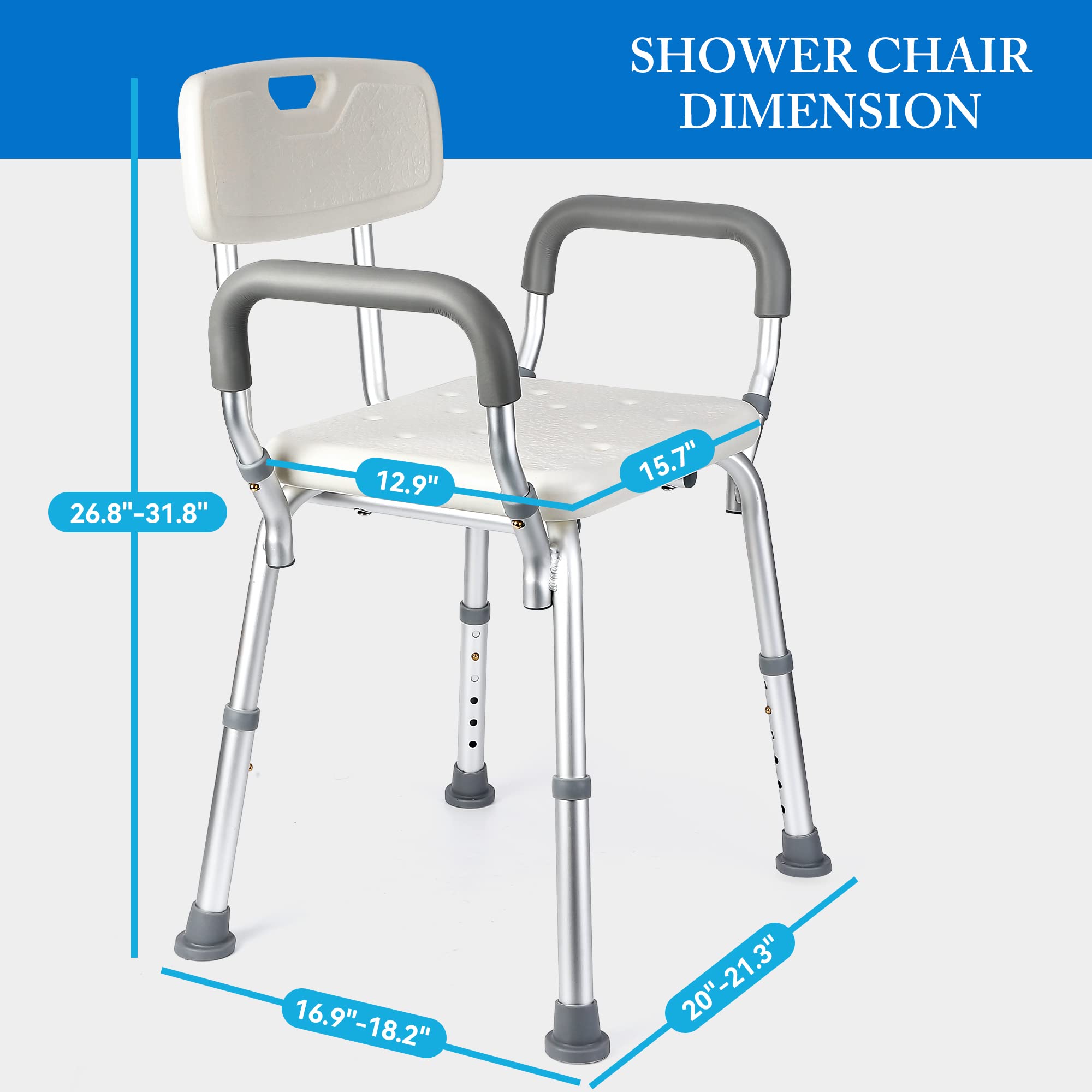 Shower Chair Seat with Padded Armrests for Bathtub Slip Resistant Shower Seat Adjustable Height Shower Chair 350 lb Capacity