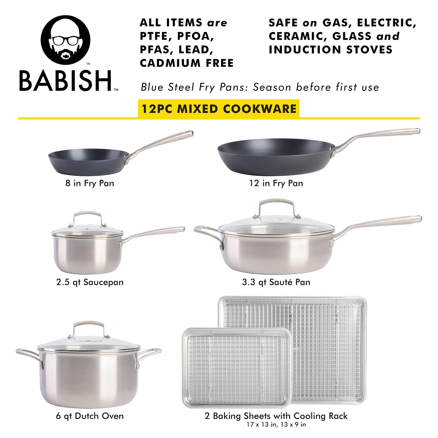 Babish 12-Piece Mixed Material (Stainless Steel, Carbon Steel, & Aluminum) Professional Grade Cookware Set W/Baking Sheets