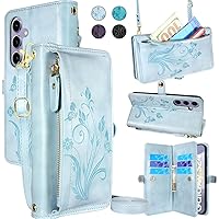 Lacass Crossbody Wallet Case for Galaxy S24,[Cards Theft Scan Protection] Card Holder Zipper Flip Leather Cover Wrist Strap Stand for Samsung Galaxy S24(Floral Sky Blue)