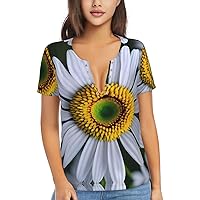Daisy Flower Women's Flowy Tops,V-Neck T-Shirts, Plus Size Blouses with Short Sleeves, Suitable for Summer,Work Wear