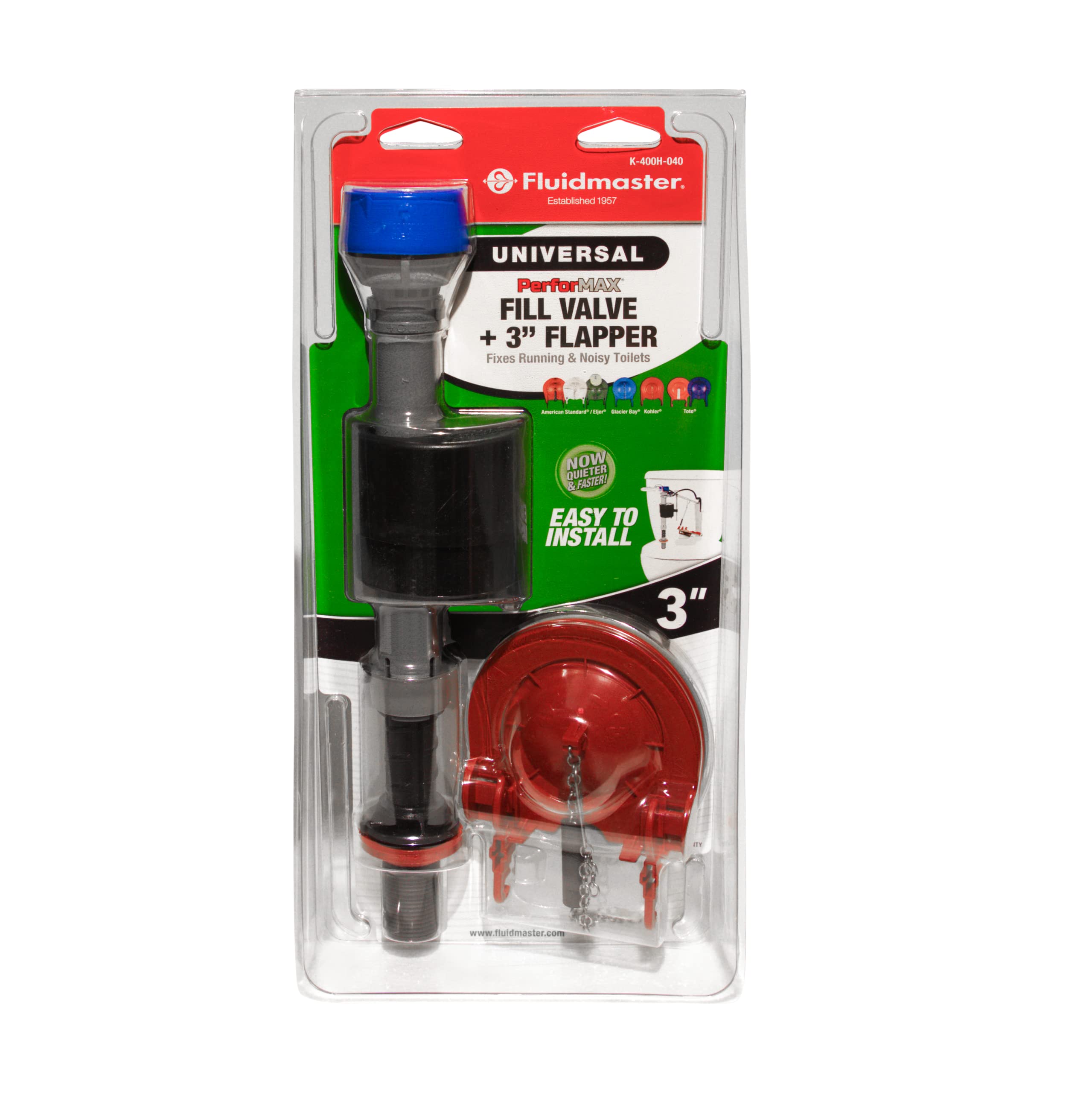 Fluidmaster K-400H-040-T5 PerforMAX Fill Valve and 3-Inch Flapper Toilet Repair Kit, Universal, for 3 In, Multicolor