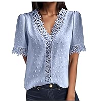 T Shirts for Women, Women's Fashion Short Sleeve V Neck Solid Colour Lace Casual Shirt Top Undershirt, S, XXL