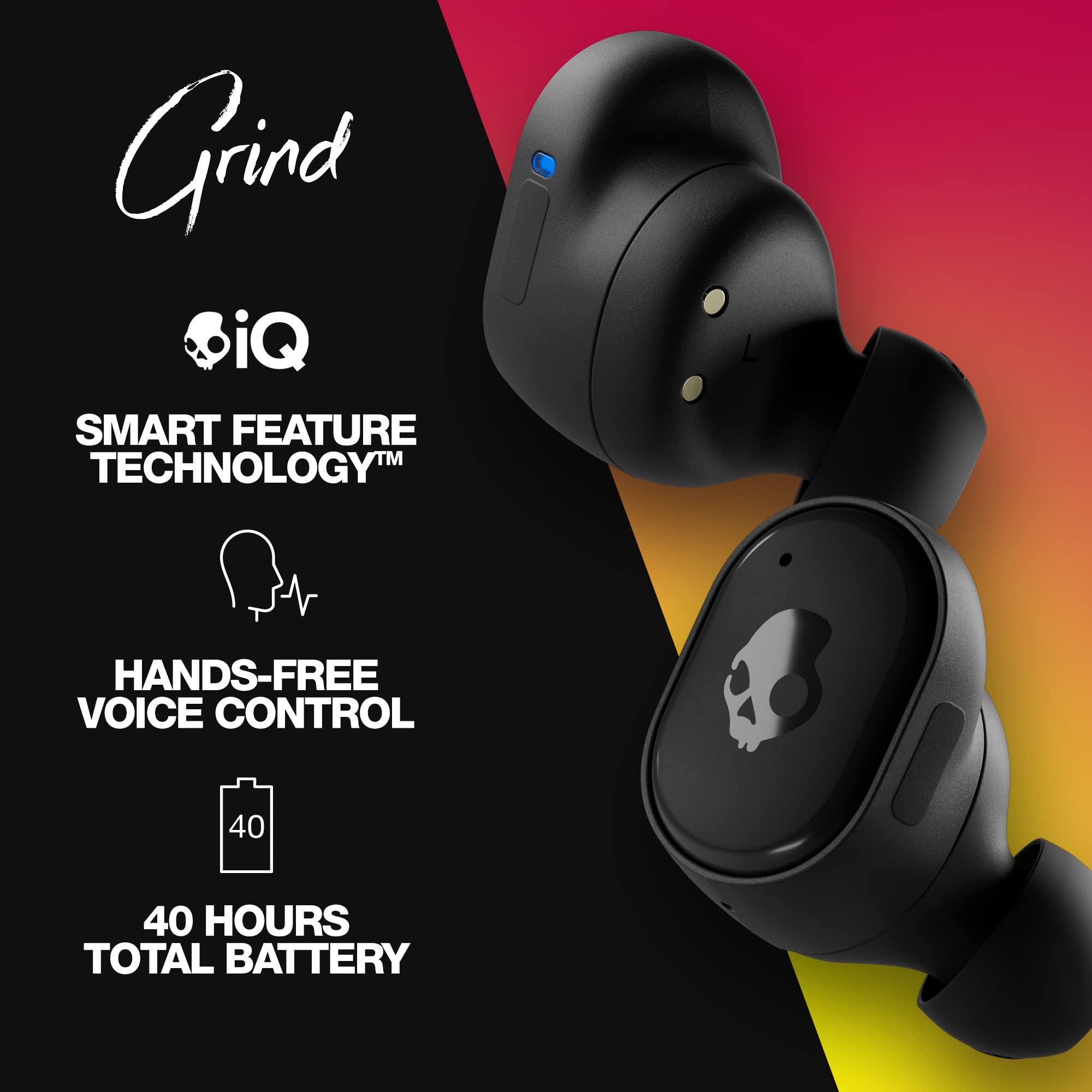 Skullcandy Grind In-Ear Wireless Earbuds, 40 Hr Battery, Microphone, Works with iPhone Android and Bluetooth Devices - Black