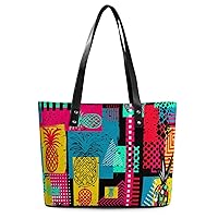 Womens Handbag Pneapples And Geometric Pattern Leather Tote Bag Top Handle Satchel Bags For Lady
