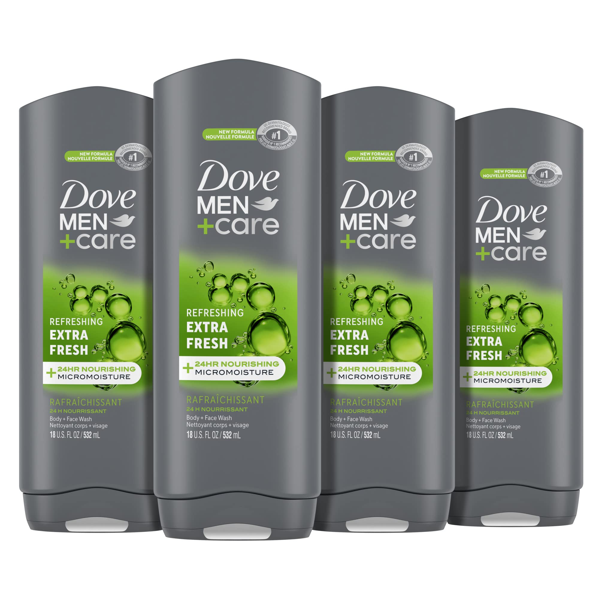 Dove Men+Care Body Wash Extra Fresh for Men's Skin Care Body Wash Effectively Washes Away Bacteria While Nourishing Your Skin, 18 Fl Oz (Pack of 4)