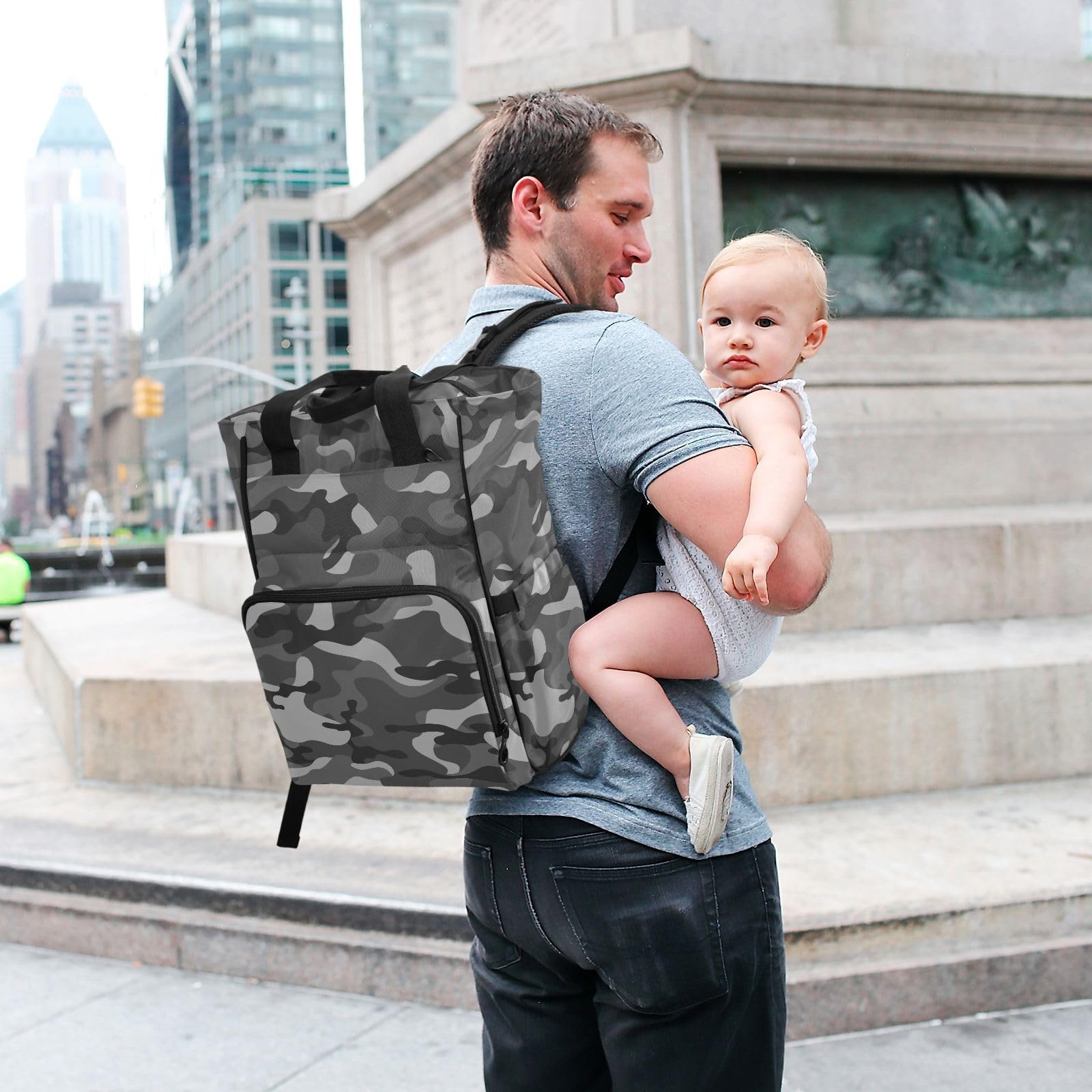 innewgogo Gray Classic Camouflage Diaper Bag Backpack for Women Men Large Capacity Baby Changing Totes with Three Pockets Multifunction Baby Nappy Bag for Playing Picnicking