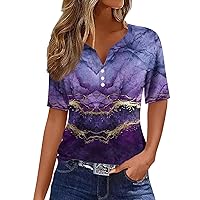 Short Sleeve Blouses for Women Oversized Fashion Biker Blouse Ladies Summer Short Sleeve V Neck Print T-Shirt Purple L