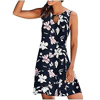 Women's Bohemian Flowy Round Neck Glamorous Dress Casual Loose-Fitting Summer Swing Print Sleeveless Knee Length Beach Navy