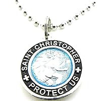 St. Christopher Surf Medal Necklace Pendant, Protector of Travel am/bk Aquamarine/Black Small