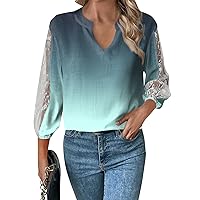 Women's T Shirts, Business Casual Tops for Women 3/4 Sleeve Loose V-Neck Top Lace Hollow T-Shirt, S XXXL