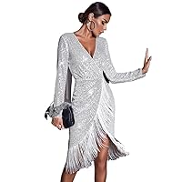 Womens Fall Fashion 2022 Surplice Neck Fringe Trim Sequin Dress (Color : Silver, Size : Large)