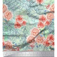Soimoi Silk Green Fabric - by The Yard - 42 Inch Wide - Leaves & Denmark Rose Flower Elegance - Timeless Botanical Beauty in Contemporary Prints Printed Fabric