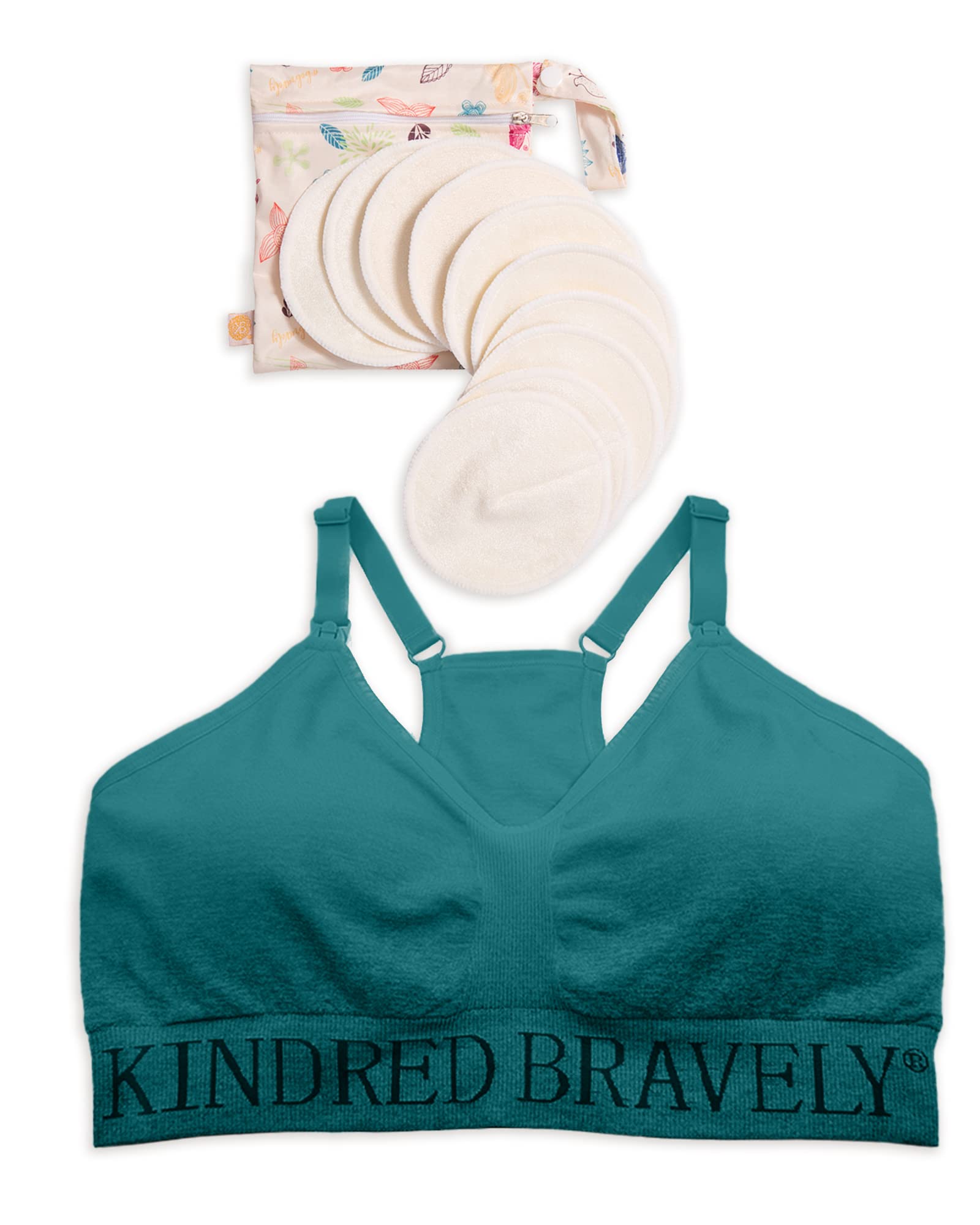Kindred Bravely Hands Free Pumping Sports Bra (Teal, X-Large) & Organic Washable Breast Pads Bundle
