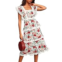Ruffle Maxi Dress for Women Party Casual Floral Printed Bohemian Chiffon Tiered Lace Dress