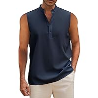 Sleeveless Beach Shirts for Men Summer Casual Tank Top Button Down Henley T-Shirts
