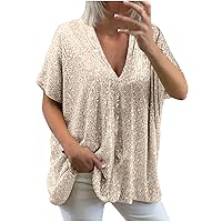 Plus Size Sequin Tops for Women Sparkly Shirt Glitter Short Sleeve V Neck Blouse Summer Tees Evening Club Outfits