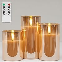 Gold Glass Flickering Flameless Candles with Remote - Battery Operated Candles with 2/4/6/8 H Timer LED Pillar Candles for Christmas Home Decor(Set of 3)