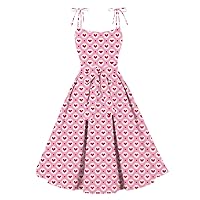 Wellwits Women’s Tie Cami Strap Sweet Hearts Print Cocktail 1950s Vintage Dress