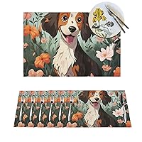Dog and Flower Placemats Set of 4 PCS Woven Place Mats for Dining Table Non-Slip Heat Resistant Place Mats Washable PVC Table Mats for Party Kitchen Dining Decoration 12 x 18 Inch