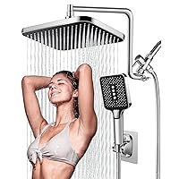 Rain Shower Head with Handheld Combo, High Pressure 12 Inch Rainfall Shower Head with 4 Spray Handheld Shower Heads, Upgrade 12'' Shower Extension Arm for Adjust Up & Down Flexible, Stainless Steel