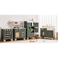 ROBOTIME Play Kitchen Set - Kids Kitchen Playset/Toy Washing Machine/Toy Fridge/Toy Oven, Toy Kitchen Set for Kids Age 3 4 5 6 7 (Vintage Green)