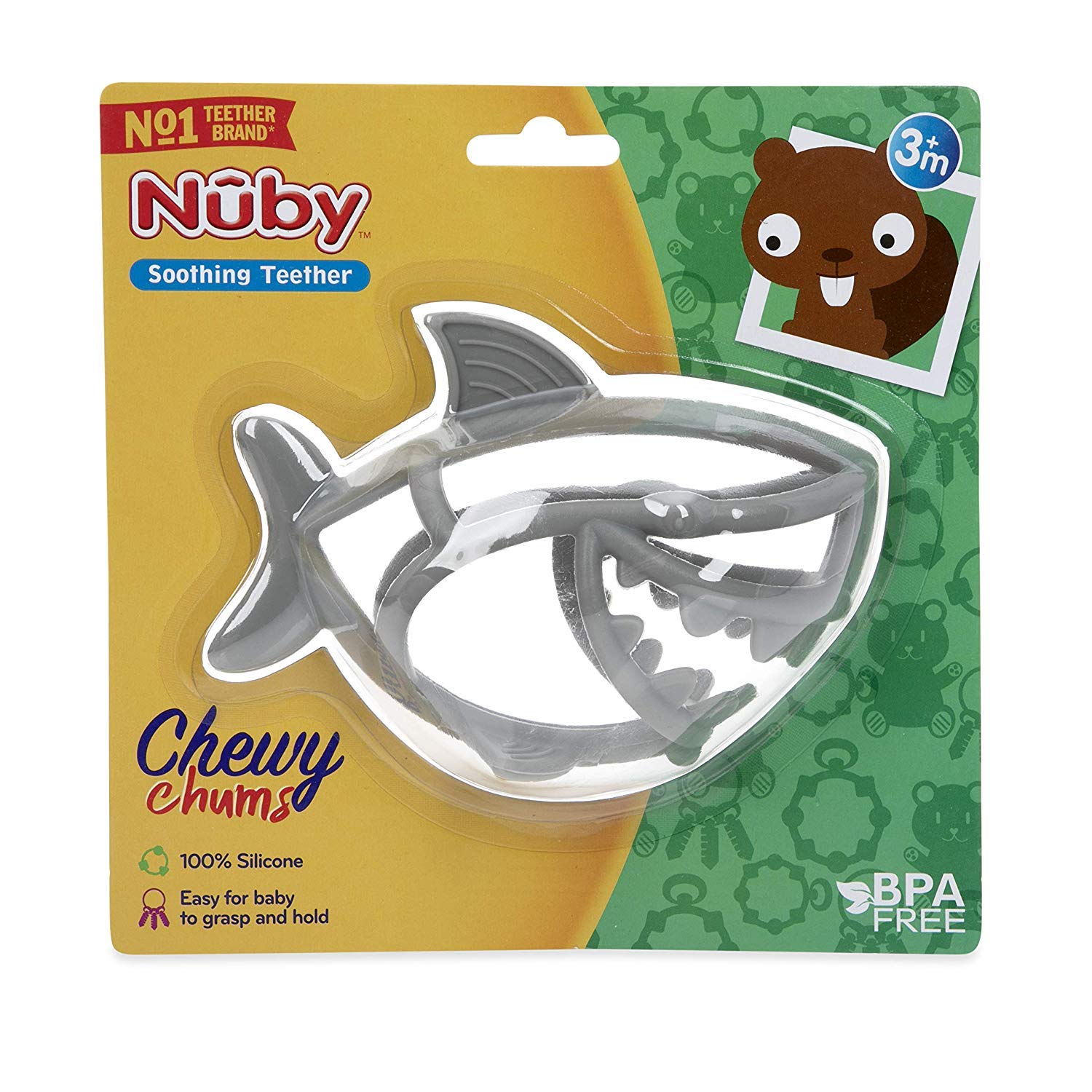 Nuby Chewy Chums All Silicone Soothing Teether, Shark - 3M+