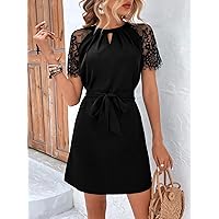 Dresses for Women - Contrast Lace Raglan Sleeve Keyhole Neckline Belted Dress (Color : Black, Size : Small)