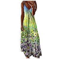 Women's Bohemian Sleeveless Long Print Beach Round Neck Trendy Glamorous Dress Flowy Casual Loose-Fitting Summer Swing
