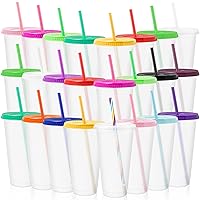 Tumblers with Lids and Straws Bulk, 24 Pcs Reusable Cups with Lids Plastic Colorful Cups for Parties Birthdays, Iced Coffee Cup Travel Mug Cold Drink Cups Bulk Tumblers (24 oz, Clear Colors)