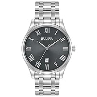 Bulova Men's Classic Stainless Steel 3-Hand Date Calendar Quartz Watch, Grey Dial with Roman Numeral Markers Style: 96B261