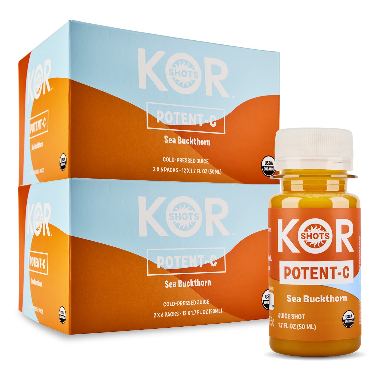 KOR Shots Sea Buckthorn and Baobab Shot - 24 Pack x 1.7 Fl Oz - Potent C - Superfoods Vitamin C Shot - USDA Certified Organic