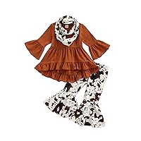 Toddler Baby Girls 3PCs Outfits Long Pullover Ruffle Dress Shirt Cow Print Flared Pants Set Fall Winter Clothes