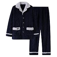 Men's Flannel Pajamas Set Winter Thick Sleepwear Set Button-Down Long Sleeves Warm Loungewear Set for Mens