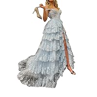 Women's Women's Off The Shoulder Tulle Prom Dresses Lace Appliques Tiered Long Evening Party Gowns with Slit