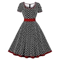 Wellwits Women's Wine Red Stripe Polka Dots Cocktail Formal 1950s Vintage Dress