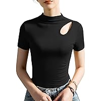 Women's Modal Tops Summer Fashion Mock Neck Short Sleeve Hollow Out Patchwork Soft Blouses Elegant Formal Work Shirts