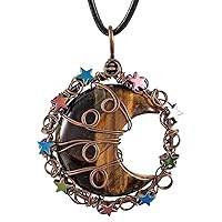 TUMBEELLUWA Crescent Moon Star Crystal Necklace for Women Men Reiki Healing Stone Copper Wire Wrapped Pendant with Adjustable Cord