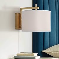 360 Lighting Adair Mid Century Modern Wall Mounted Lamp Warm Brass Metal Plug-in Light Fixture White Linen Drum Shade Bedroom Bedside House Reading Living Room Home Hallway Dining Kitchen