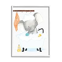 Stupell Industries Children's Baby Elephant Bubble Bath Rubber Duck Bathroom White Wall Art, Framed