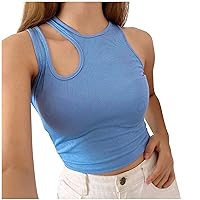 Womens Cut Out Knit Ribbed Asymmetrical Crop Tops Summer Sleeveless Casual Slim Fit Sexy Fashion Solid Tank Top