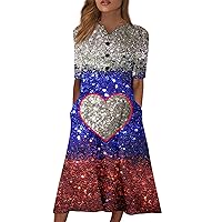 Womens Casual Summer Dresses 2024 Independence Day Print V-Neck Buttons Comfy Vintage Boho Midi Dress with Pockets